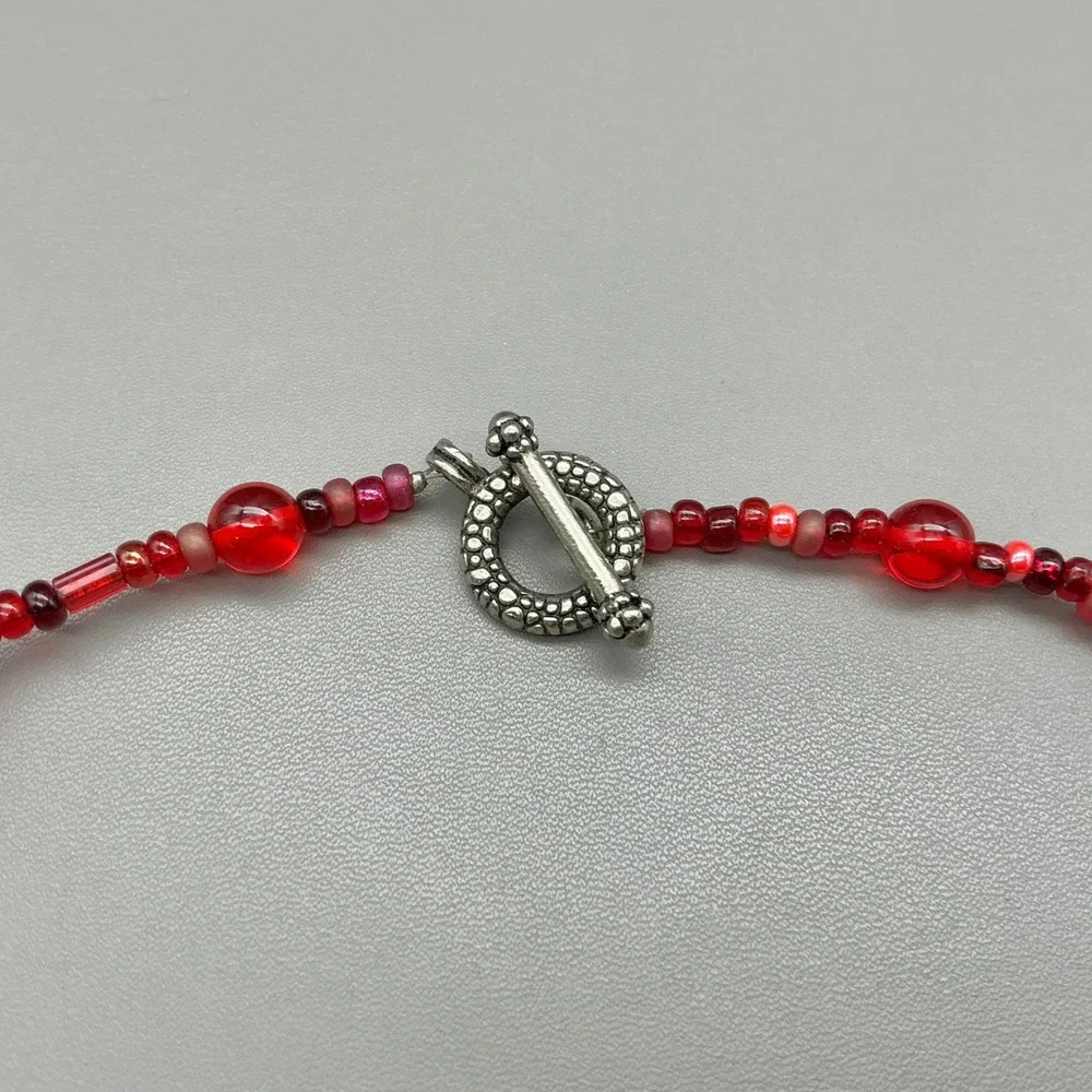 Beaded Necklace Women Red Glass Multi Shape Eclectic Artisan Toggle Clasp 14 In
